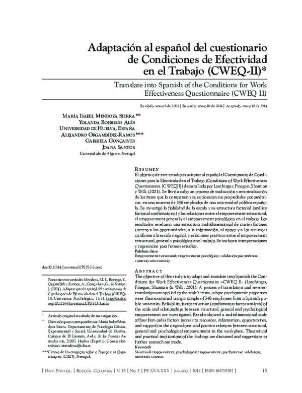 (PDF) Adaptación al español de la escala de Condiciones de Efectividad ...