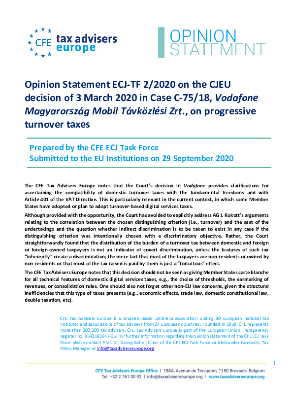 First page of “Opinion Statement ECJ-TF 2/2020 on the CJEU decision of 3 March 2020 in Case C-75/18, Vodafone Magyarország Mobil Távközlési Zrt., on progressive turnover taxes”