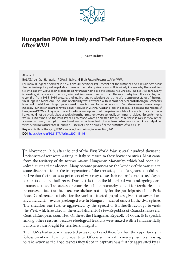(PDF) Hungarian POWs in Italy and Their Future Prospects After WWI