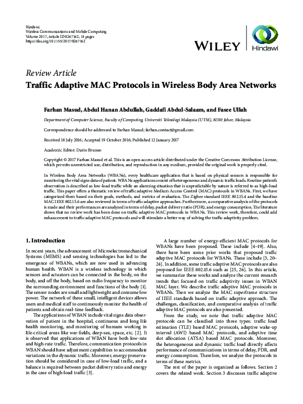 (PDF) Traffic Adaptive MAC Protocols in Wireless Body Area Networks