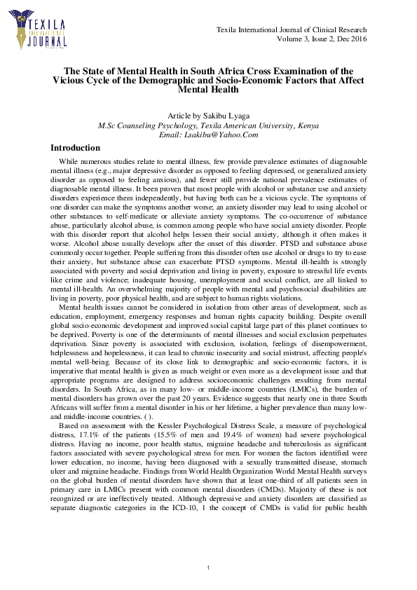 (PDF) The State of Mental Health in South Africa Cross Examination of ...