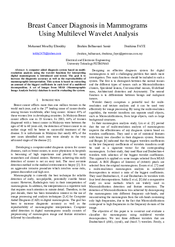 (PDF) Breast Cancer Diagnosis in Mammograms Using Multilevel Wavelet ...