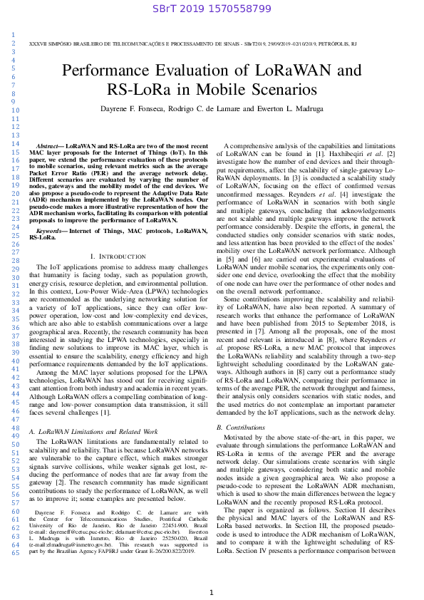 (PDF) Performance Evaluation of LoRaWAN and RS-LoRa in Mobile Scenarios