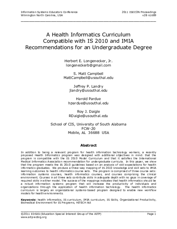 (PDF) A Health Informatics Curriculum Congruent with IS 2010 and IMIA ...