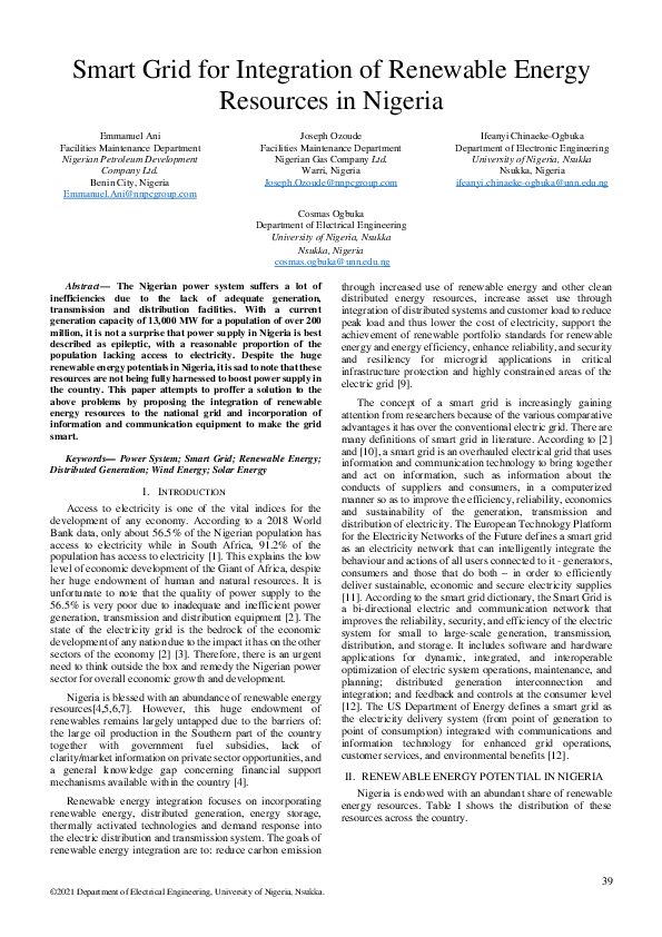 (PDF) Smart Grid for Integration of Renewable Energy Resources in Nigeria