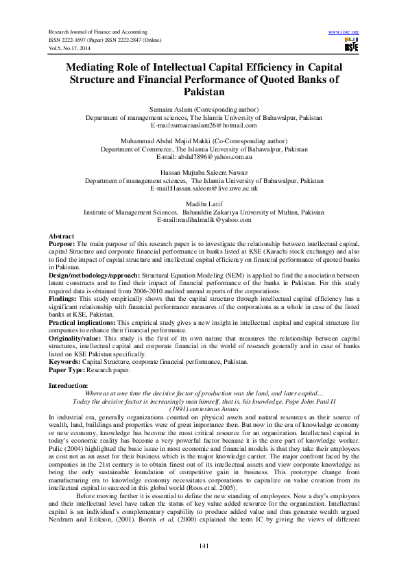 (PDF) Mediating Role of Intellectual Capital Efficiency in Capital ...
