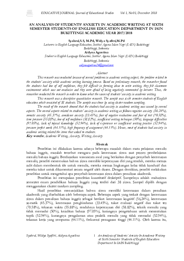 (PDF) AN ANALYSIS OF STUDENTS’ ANXIETY IN ACADEMIC WRITING AT SIXTH ...
