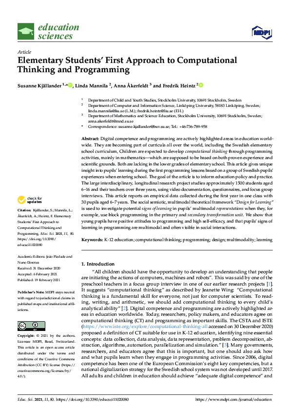 (PDF) Elementary Students' First Approach to Computational Thinking and ...