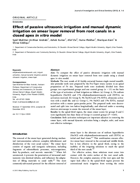(PDF) Effect of passive ultrasonic irrigation and manual dynamic irrigation on smear layer