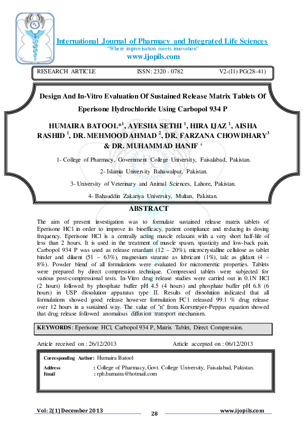(PDF) Design and in Vitro Evaluation of Sustained Release Matrix ...
