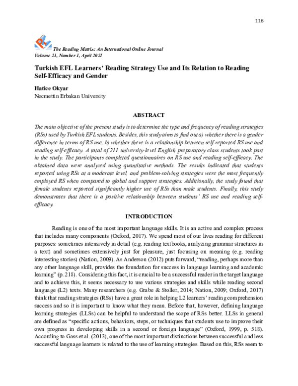 (PDF) Turkish EFL Learners' Reading Strategy Use and Its Relation to ...