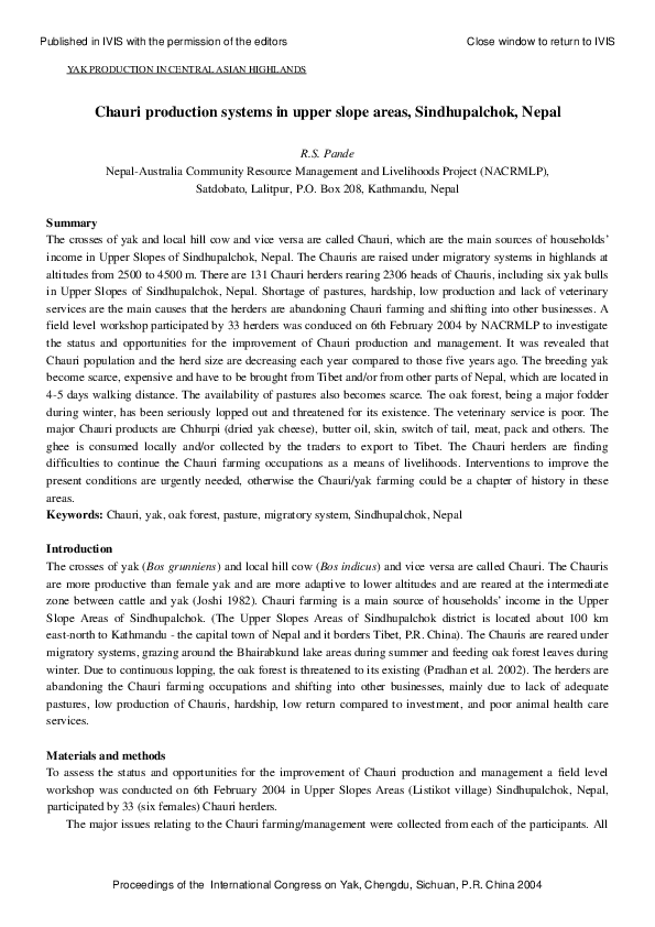 (PDF) Chauri production systems in upper slope areas, Sindhupalchok, Nepal
