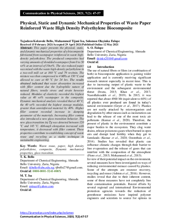 (PDF) Physical, Static and Dynamic Mechanical Properties of Waste Paper ...