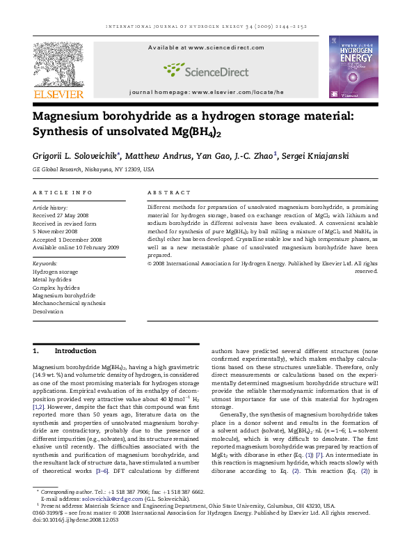 (PDF) Magnesium borohydride as a hydrogen storage material Synthesis