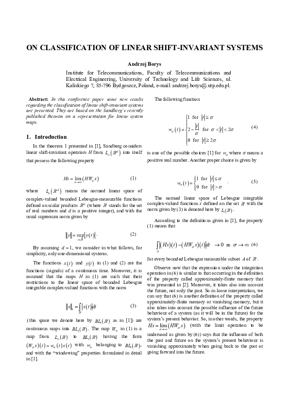 (PDF) On classification of linear shift-invariant systems