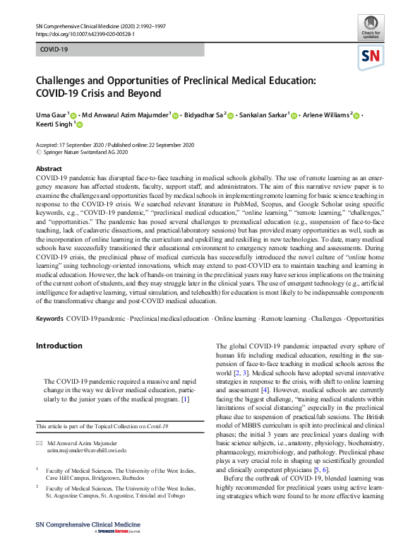 (PDF) Challenges and Opportunities of Preclinical Medical Education ...