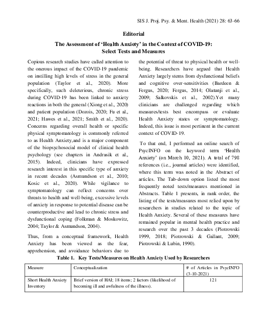 (PDF) The Assessment of 'Health Anxiety' in the Context of COVID-19 ...