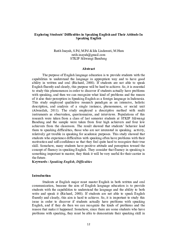 (PDF) Exploring Studentsâ€™ Difficulties in Speaking English and Their ...