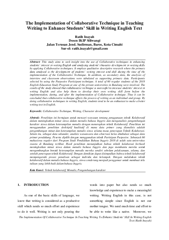 (PDF) The Implementation of Collaborative Technique in Teaching Writing ...