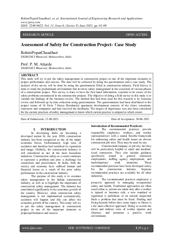(PDF) Assessment of Safety for Construction ProjectCase Study IJERA