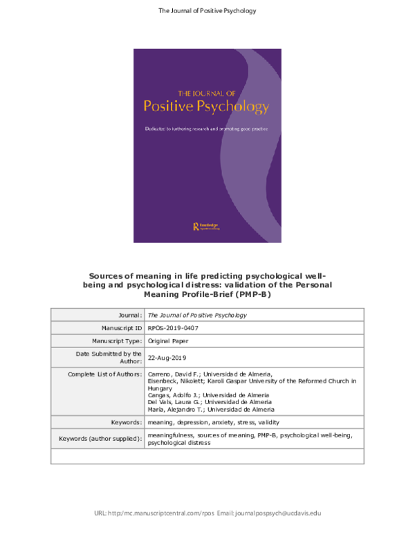 (PDF) Sources of meaning in life predicting psychological wellbeing and ...