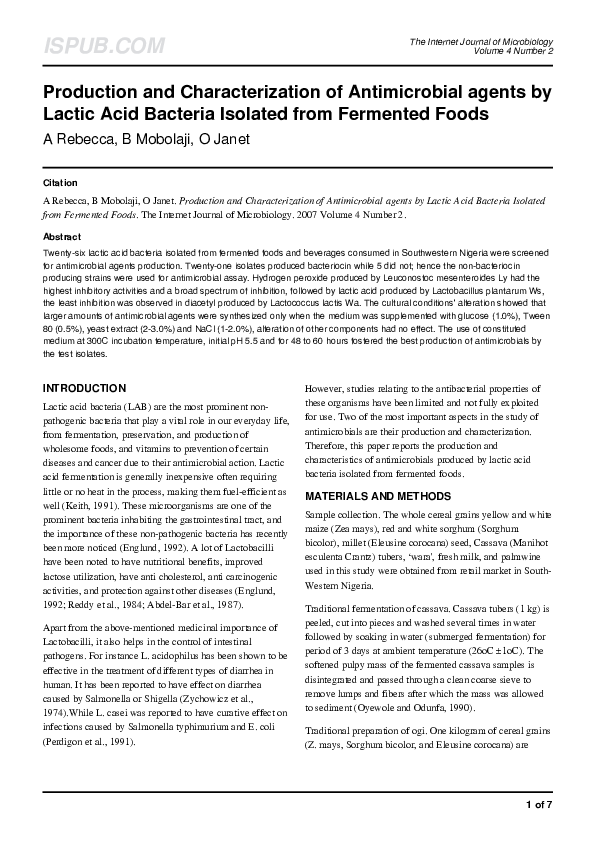 (PDF) Production and Characterization of Antimicrobial agents by Lactic ...