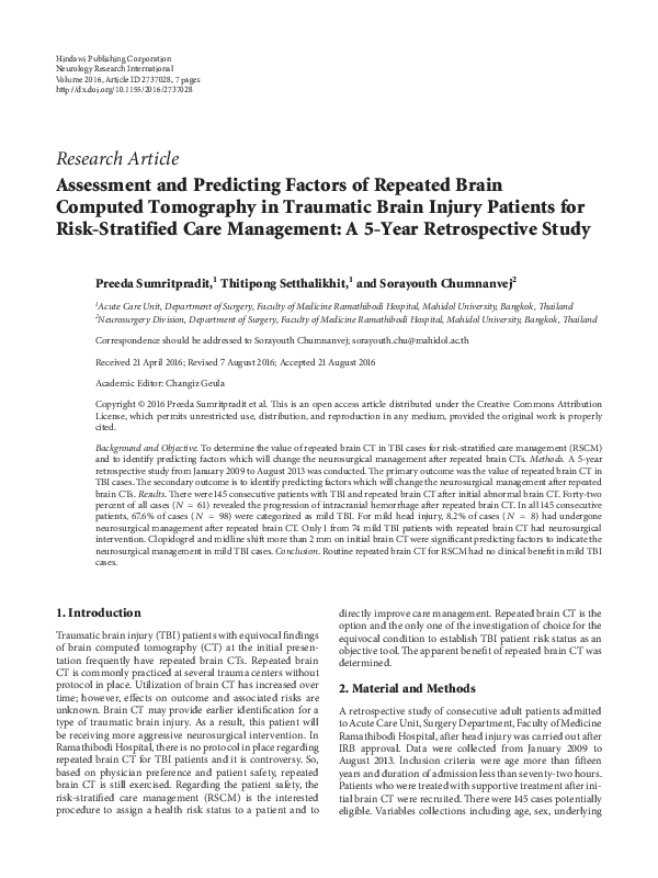 (PDF) Assessment and Predicting Factors of Repeated Brain Computed ...