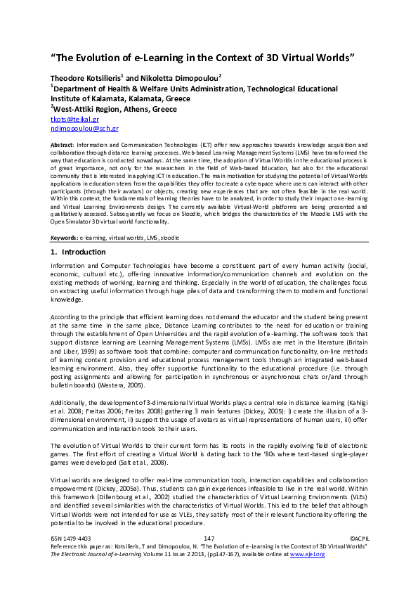 (PDF) The Evolution of e‑Learning in the Context of 3D Virtual Worlds
