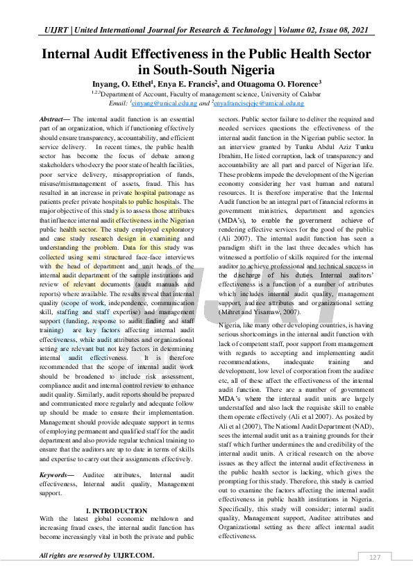 (PDF) Internal Audit Effectiveness in the Public Health Sector in South ...
