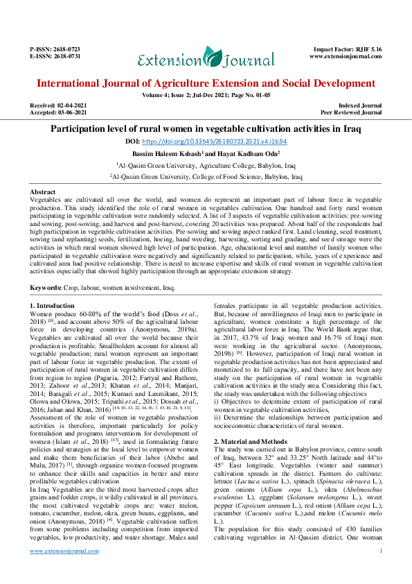 (PDF) Participation level of rural women in vegetable cultivation ...