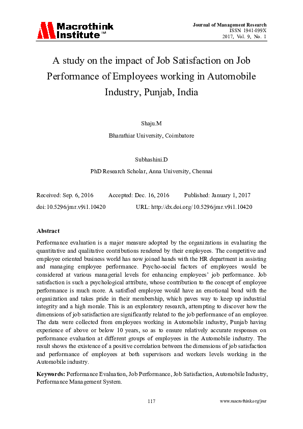 (PDF) A study on the impact of Job Satisfaction on Job Performance of ...