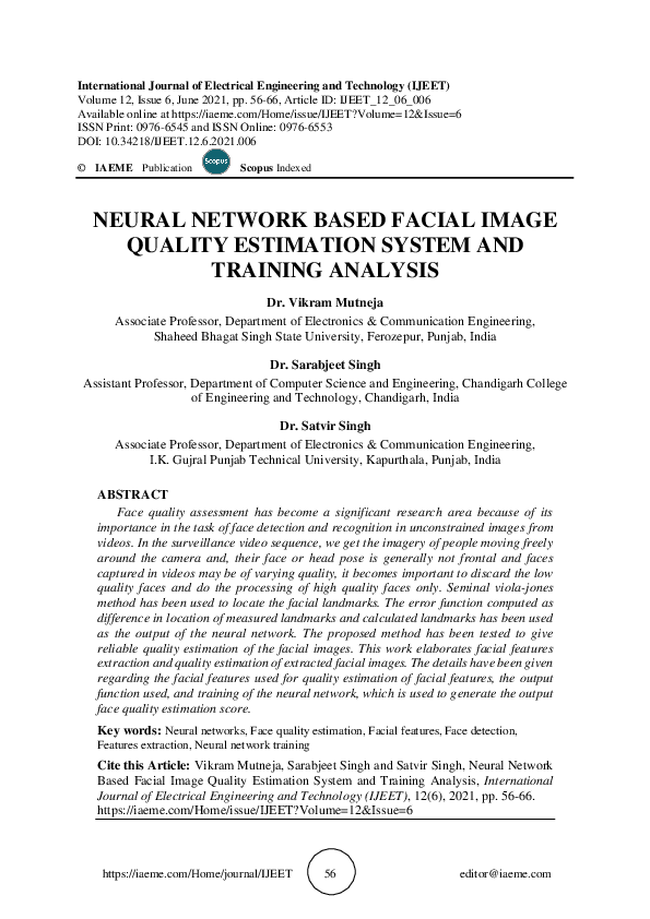 (PDF) NEURAL NETWORK BASED FACIAL IMAGE QUALITY ESTIMATION SYSTEM AND ...