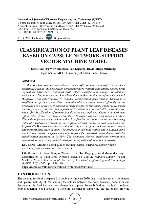 (PDF) CLASSIFICATION OF PLANT LEAF DISEASES BASED ON CAPSULE NETWORK ...