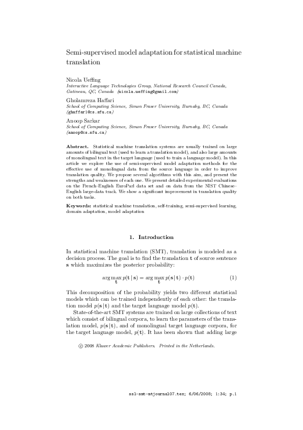 (PDF) Semi-supervised model adaptation for statistical machine translation