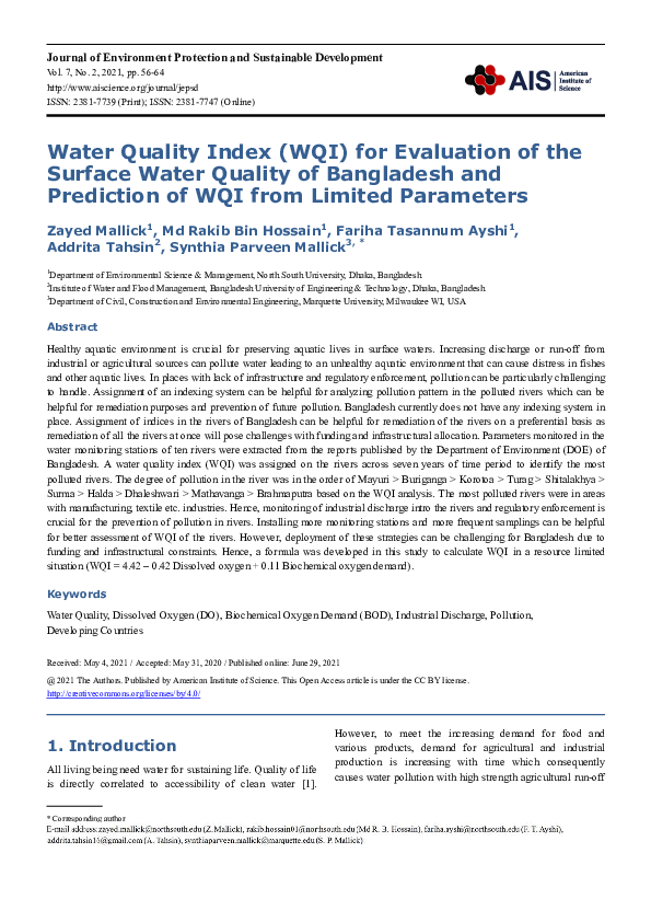 (PDF) Water Quality Index (WQI) for Evaluation of the Surface Water ...