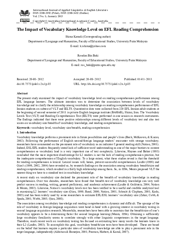 (PDF) The Impact of Vocabulary Knowledge Level on EFL Reading Comprehension