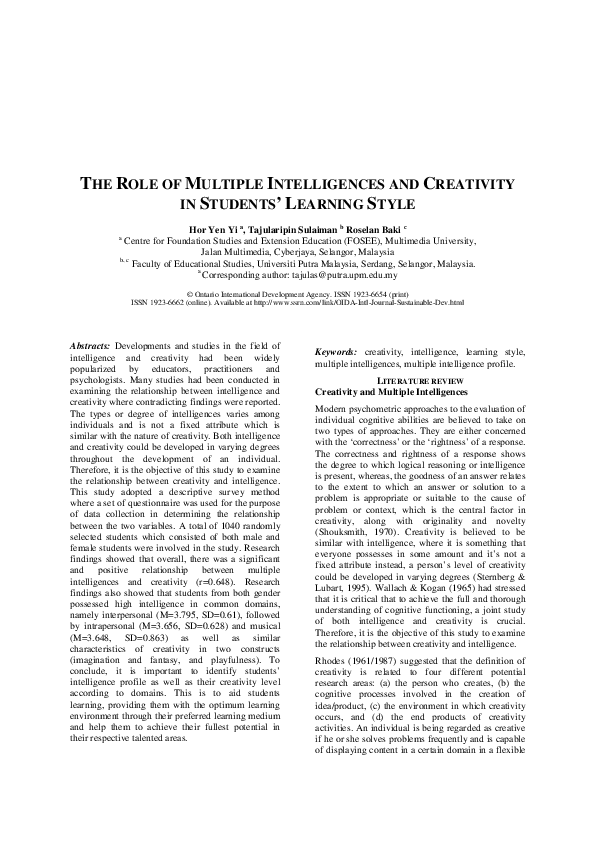 (PDF) The Role of Multiple Intelligences and Creativity in Students ...