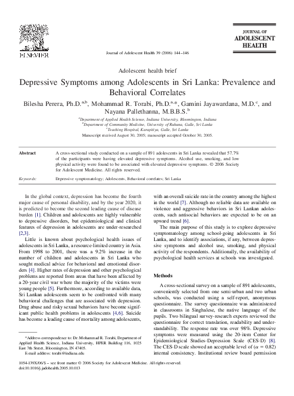 (PDF) Depressive Symptoms among Adolescents in Sri Lanka: Prevalence ...