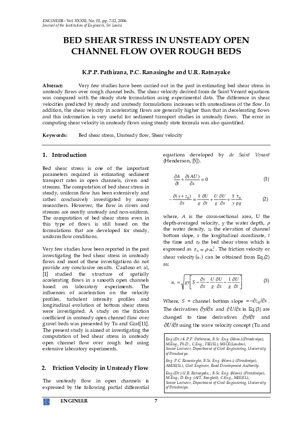 (PDF) Bed Shear Stress in Unsteady Open Channel Flow Over Rough Beds