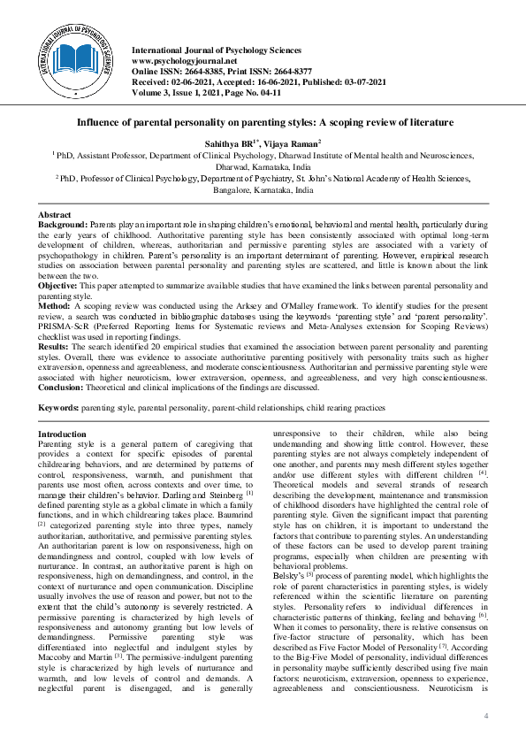(PDF) Influence of parental personality on parenting styles: A scoping ...