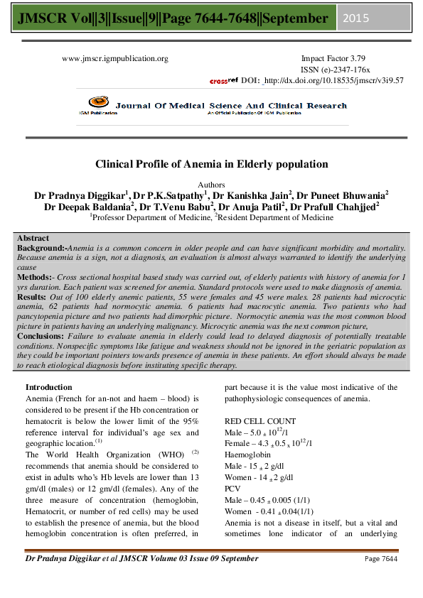 (PDF) Clinical Profile of Anemia in Elderly population