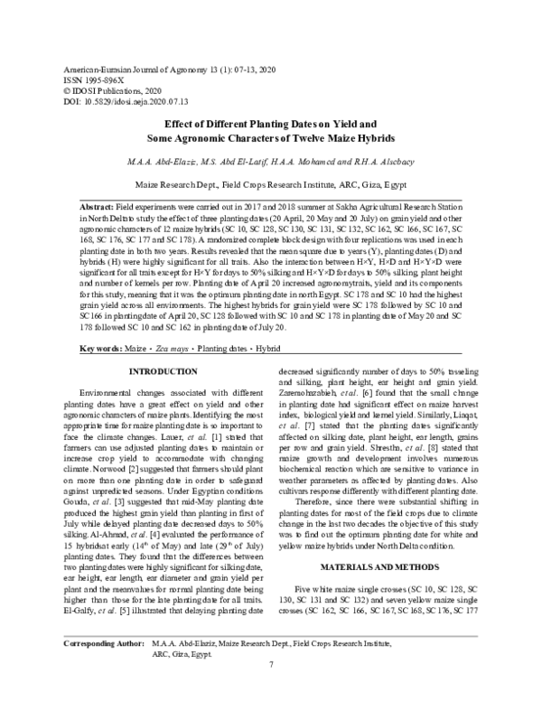 (PDF) Effect of Different Planting Dates on Yield and Some Agronomic ...