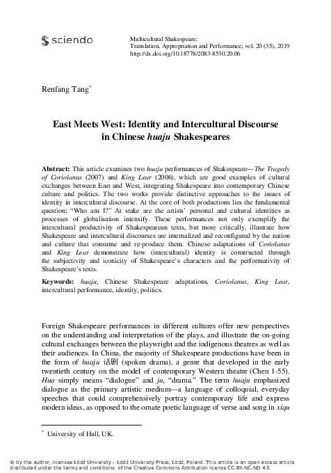 East Meets West: Identity and Intercultural Discourse in Chinese huaju Shakespeares