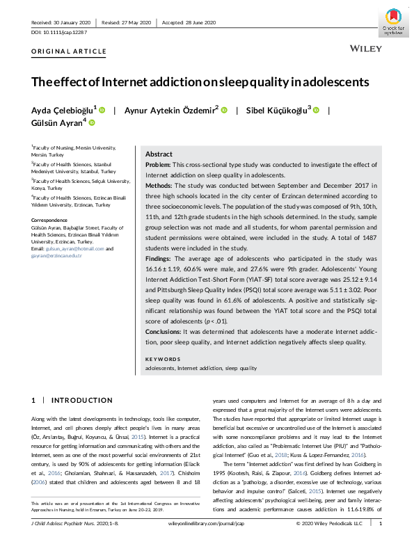 (PDF) The effect of Internet addiction on sleep quality in adolescents