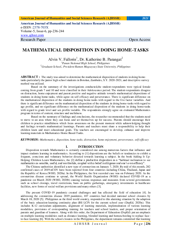 (PDF) MATHEMATICAL DISPOSITION IN DOING HOMETASKS AJHSSR Journal