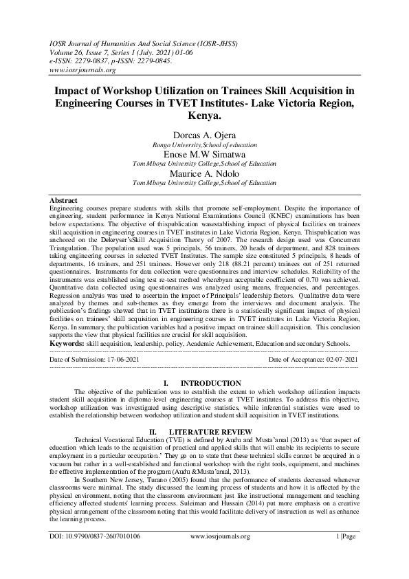 (PDF) Impact of Workshop Utilization on Trainees Skill Acquisition in ...