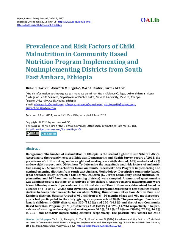 (PDF) Prevalence and Risk Factors of Child Malnutrition in Community ...