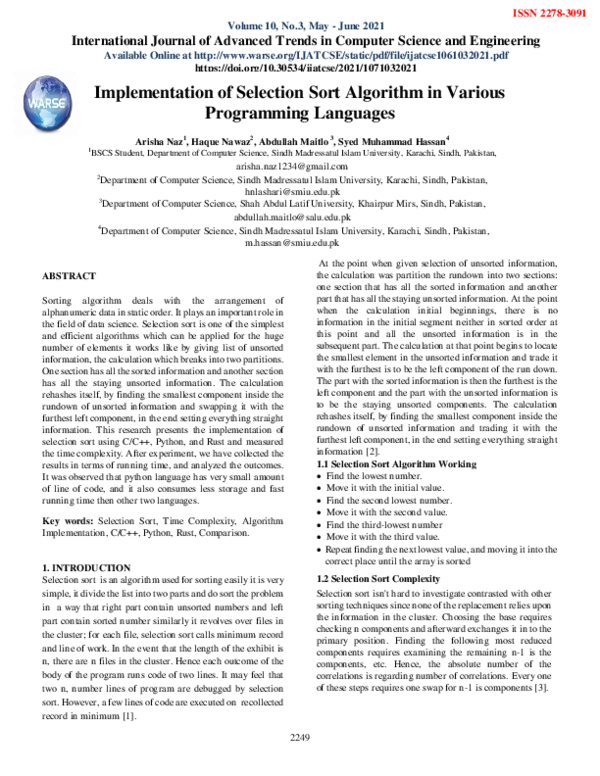 (PDF) Implementation of Selection Sort Algorithm in Various Programming ...