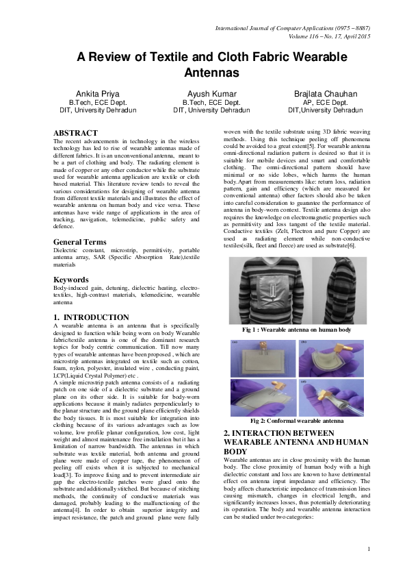 (PDF) A Review of Textile and Cloth Fabric Wearable Antennas