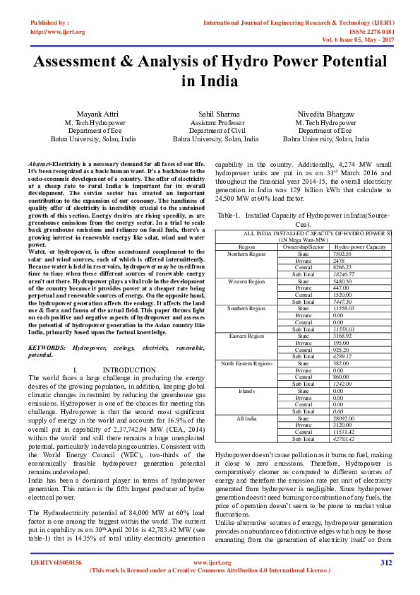 (PDF) Assessment Analysis of Hydro Power Potential in India